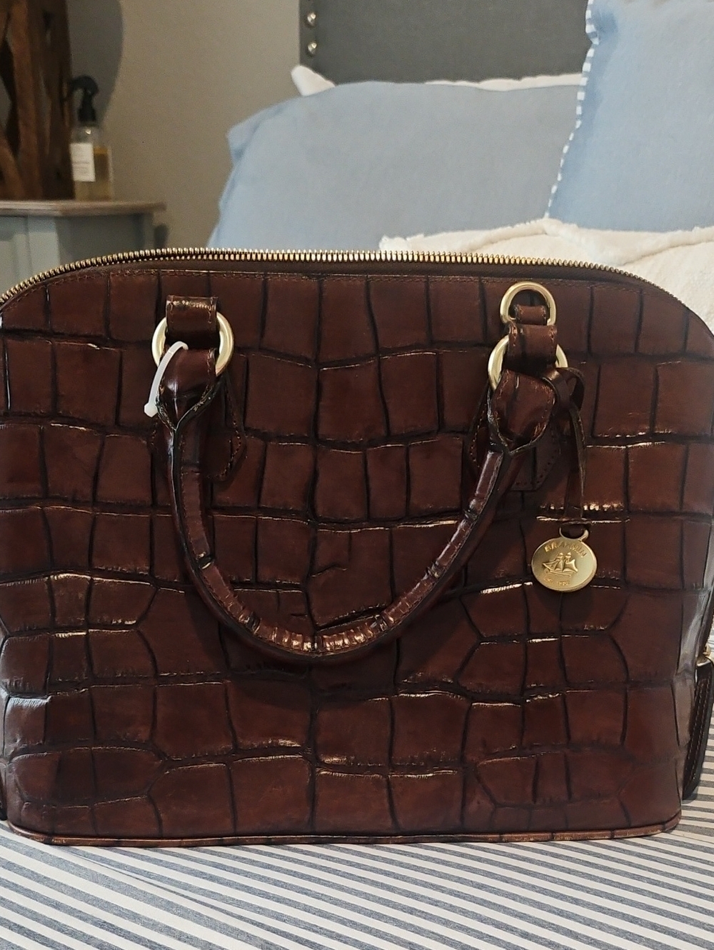 Brahmin Brown Croc-Embossed Dome Satchel Bag